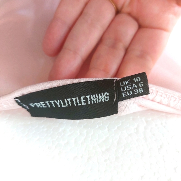 PrettyLittleThing Pink High Split Leg Gown Maxi Bardot Dress Wedding Event Sz 10 - Picture 7 of 8